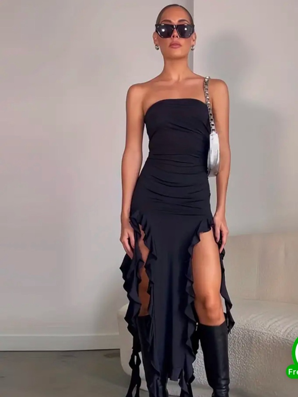 Elegant Strapless Black Ruffle High-Slit Maxi Dress